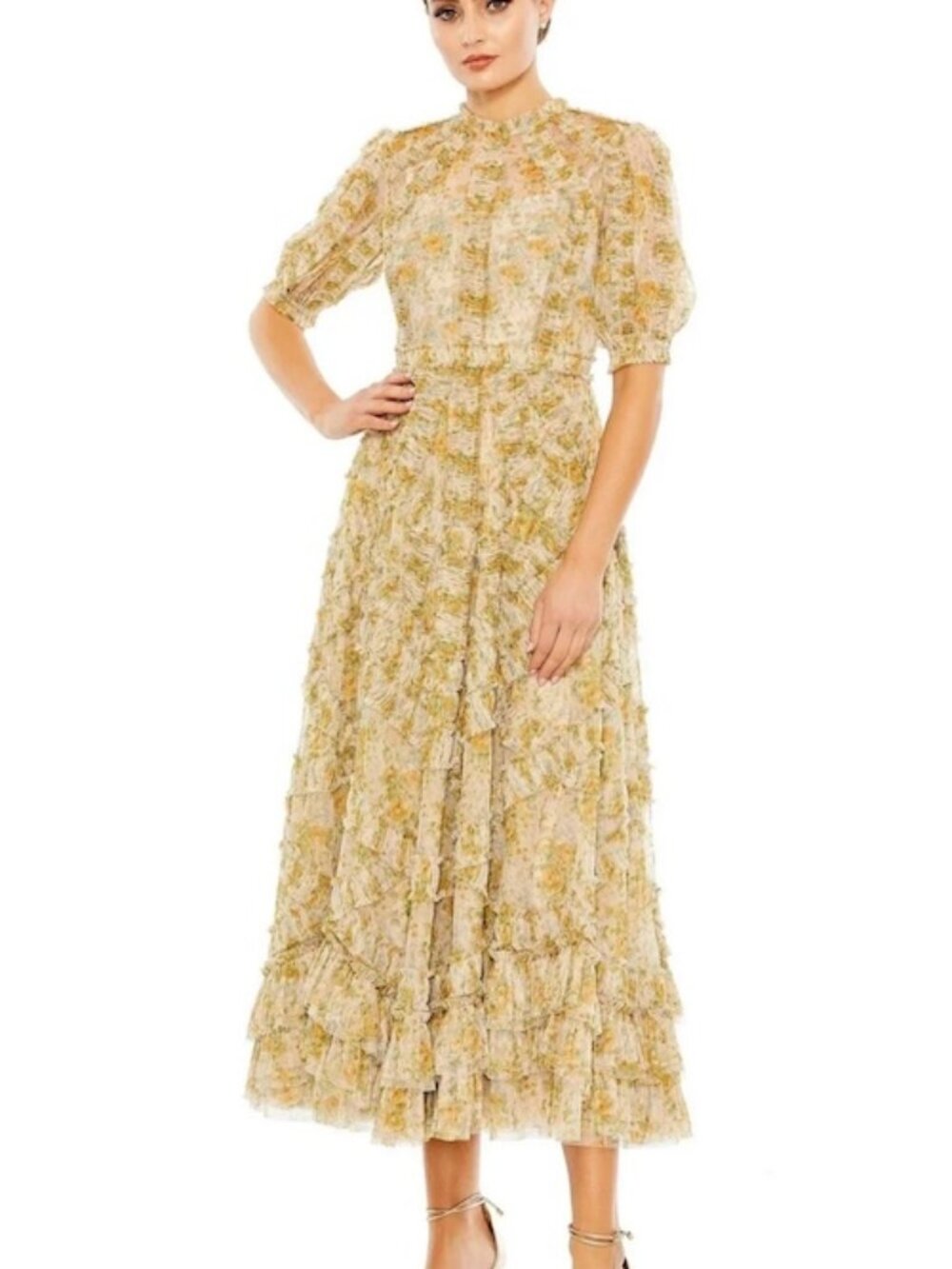 Mac Duggal Yellow Illusion High Neck Mesh Puff Sleeve Floral Dress
